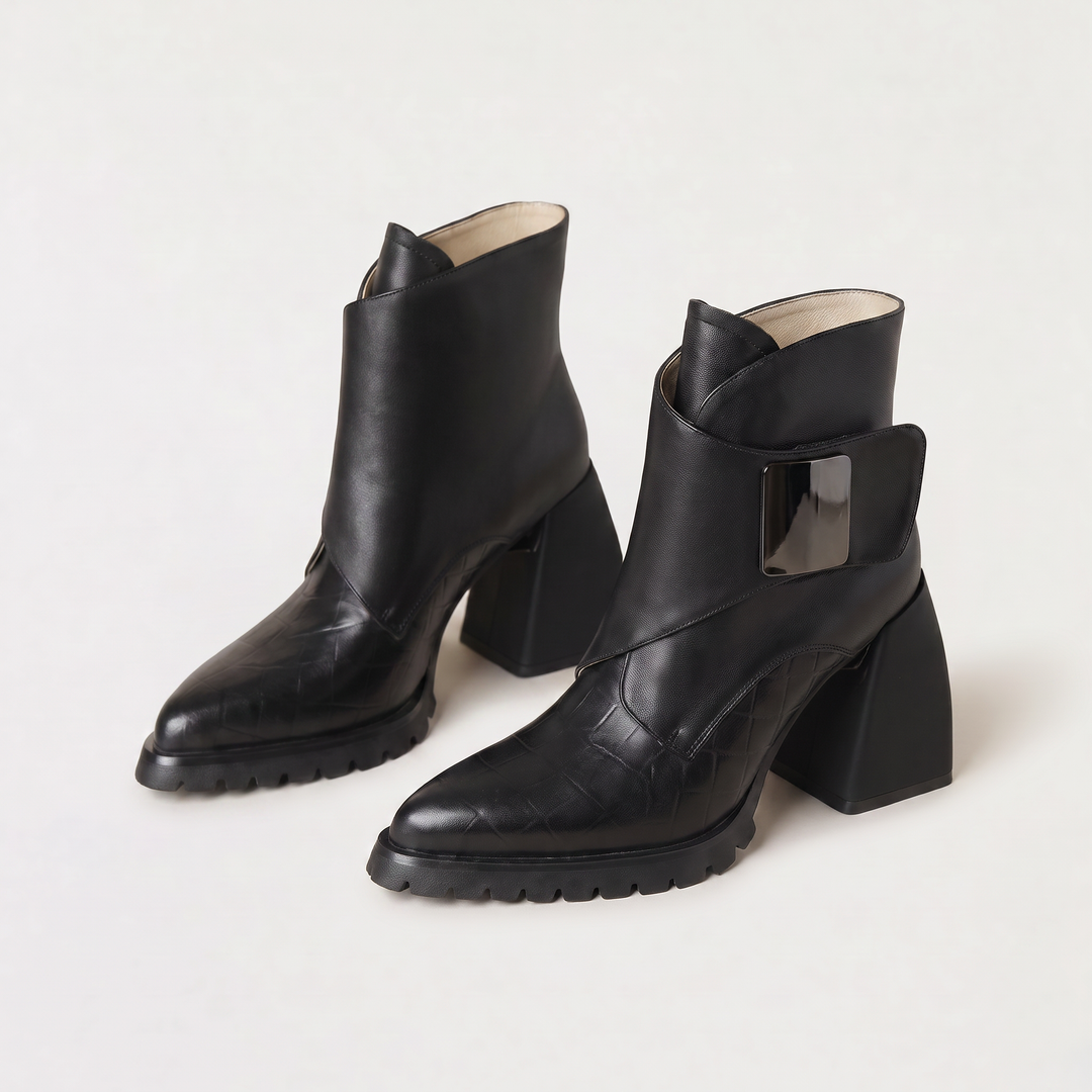 Women's Stylish Leather Platform Heeled Ankle Boots