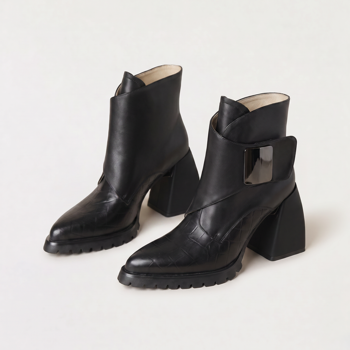 Women's Stylish Leather Platform Heeled Ankle Boots