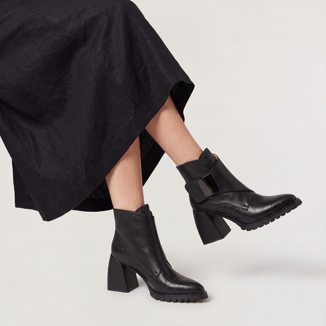 Women's Stylish Leather Platform Heeled Ankle Boots