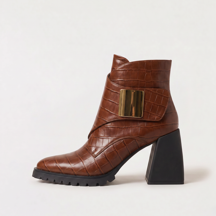 Women's Stylish Leather Platform Heeled Ankle Boots