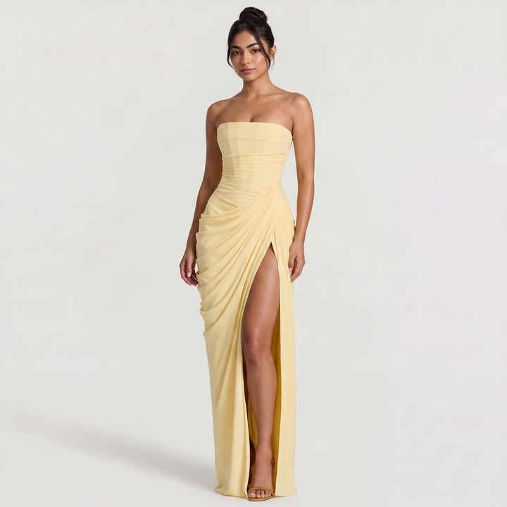 Women's Elegant Strapless Draped Maxi Dress
