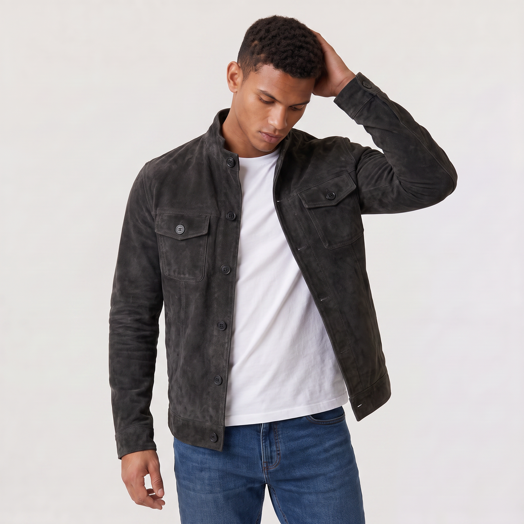 Men's Classic Suede-Look Button-Up Trucker Jacket