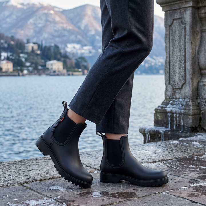Women's Waterproof Leather Chelsea Rain Boots with Lugged Sole