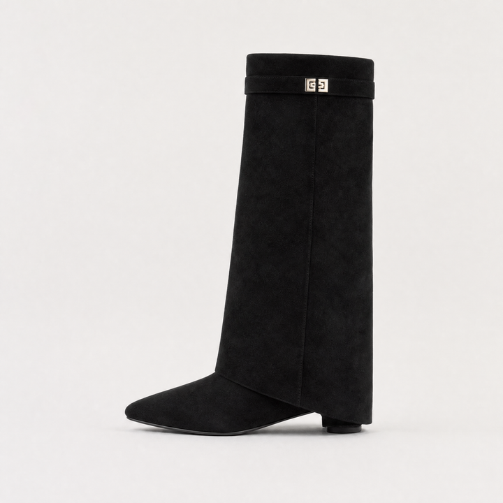 Women's Stylish Leather Pointed-Toe Knee-High Block Heel Boots
