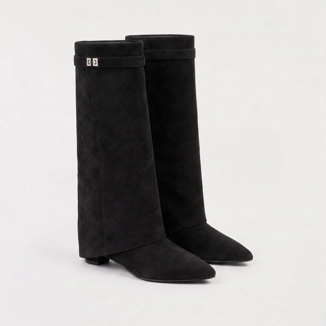 Women's Stylish Leather Pointed-Toe Knee-High Block Heel Boots