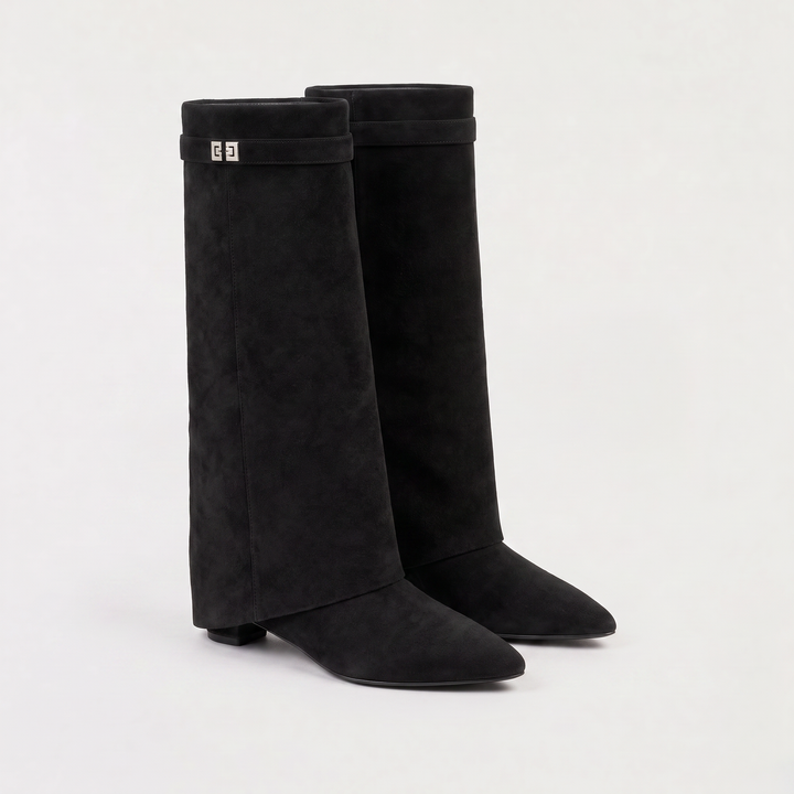 Women's Stylish Leather Pointed-Toe Knee-High Block Heel Boots