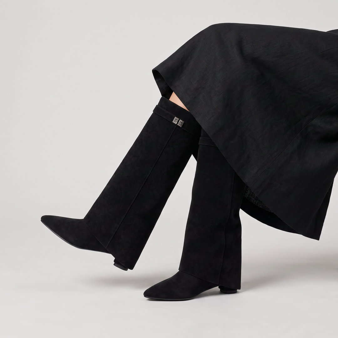 Women's Stylish Leather Pointed-Toe Knee-High Block Heel Boots