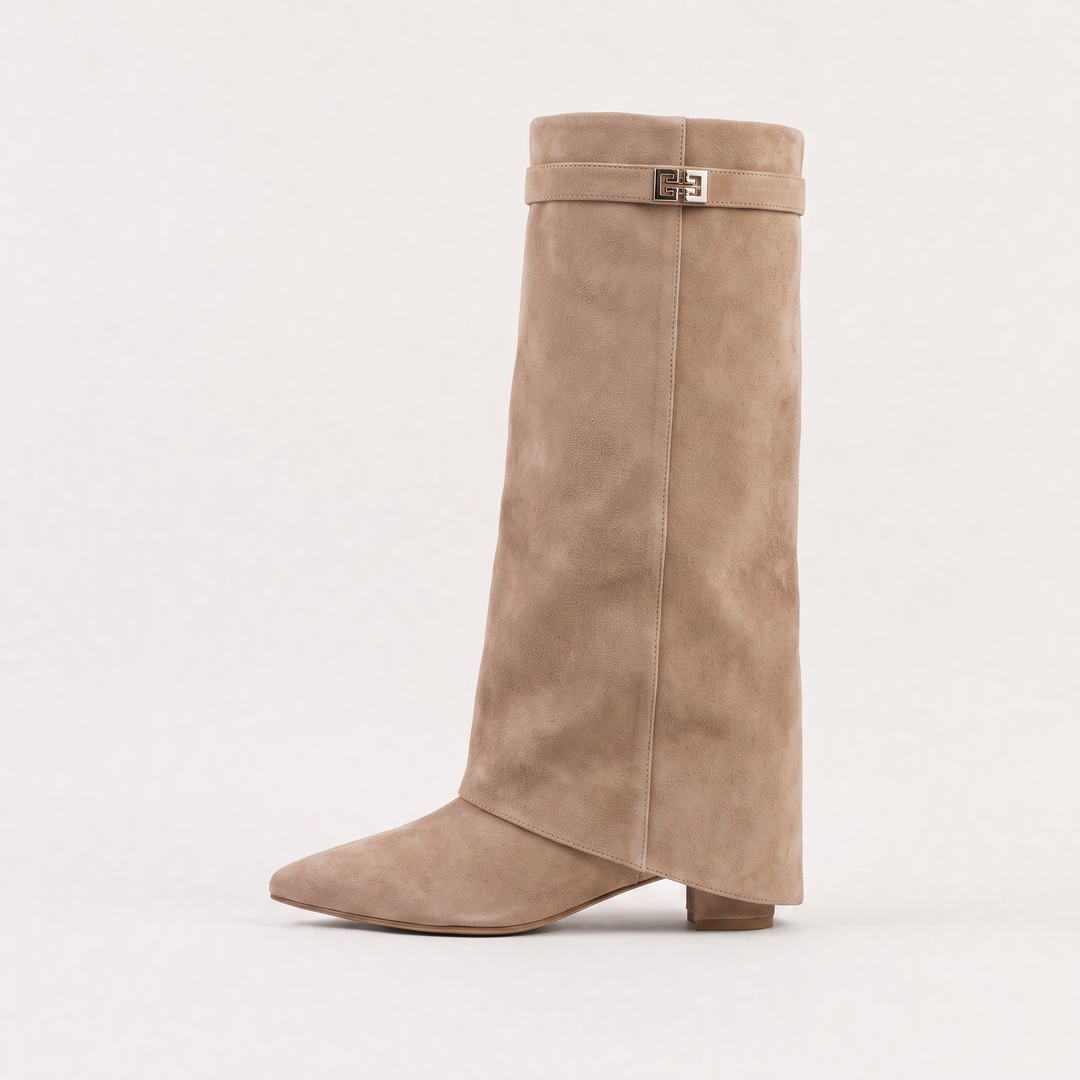 Women's Stylish Leather Pointed-Toe Knee-High Block Heel Boots