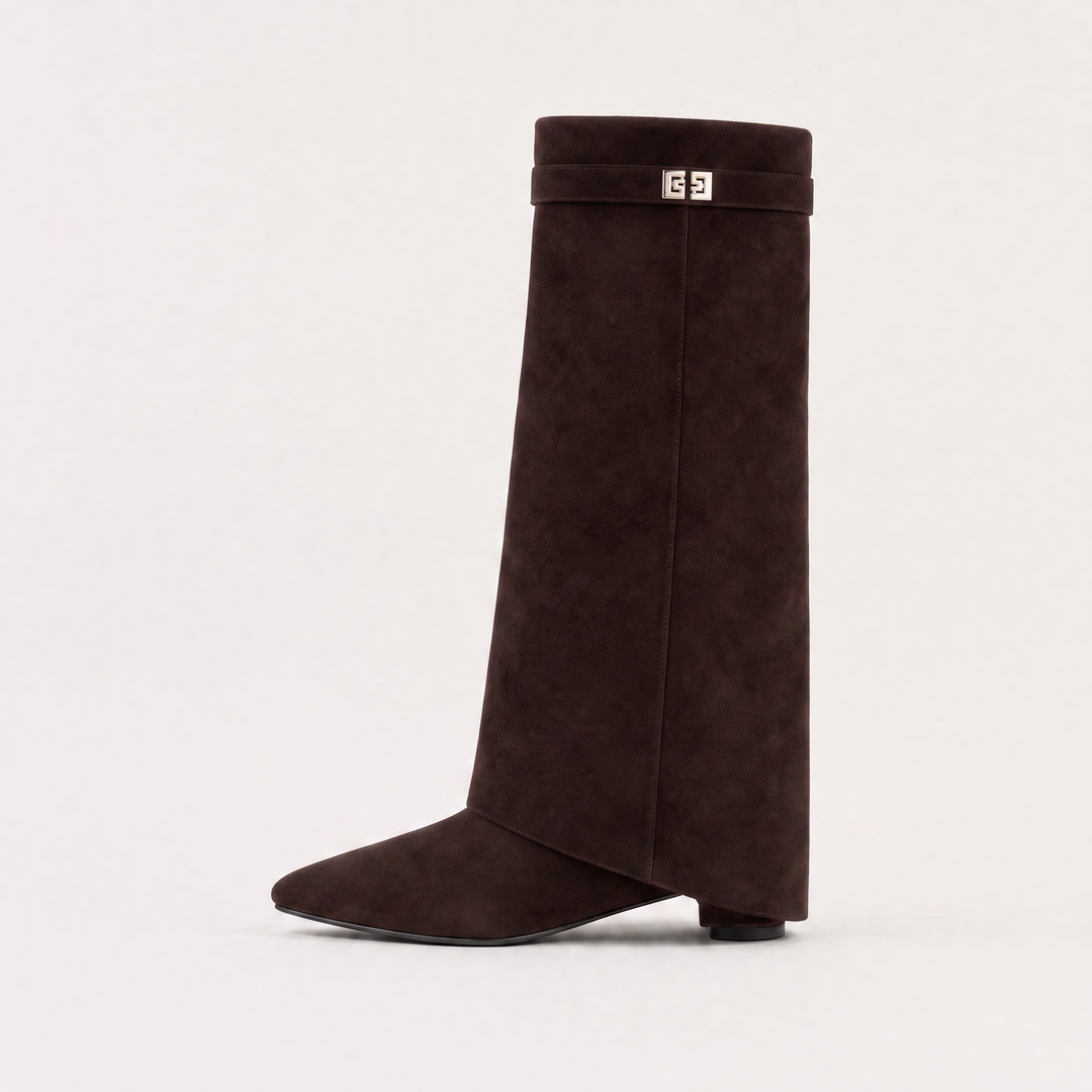 Women's Stylish Leather Pointed-Toe Knee-High Block Heel Boots
