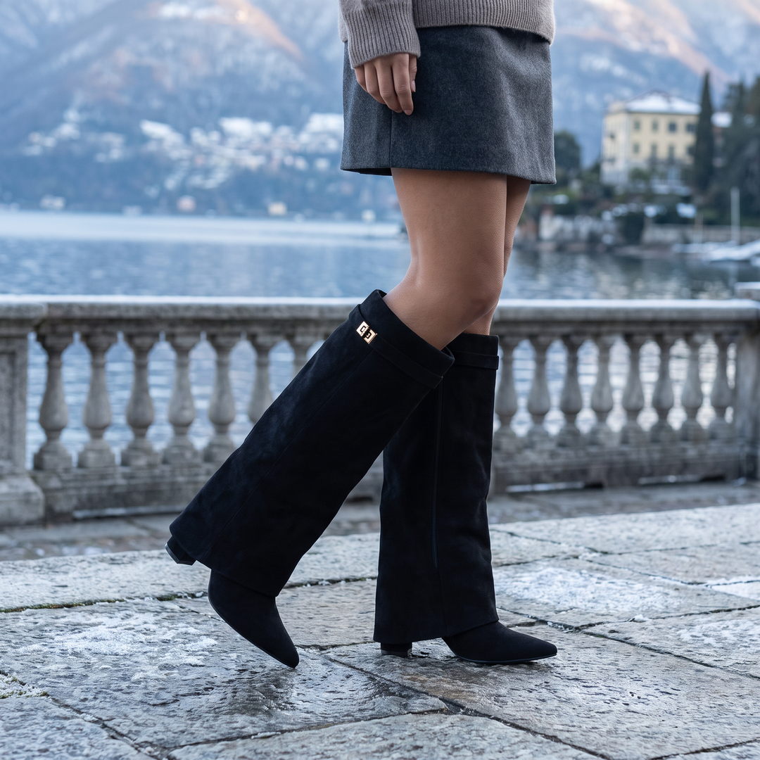 Women's Stylish Leather Pointed-Toe Knee-High Block Heel Boots