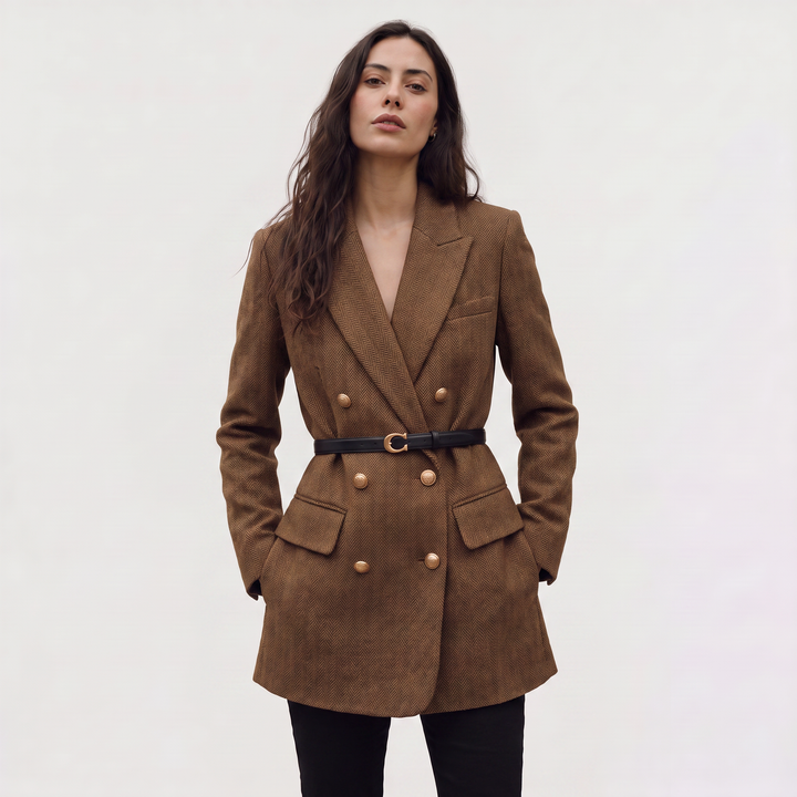 Women's Classic Tweed Belted Double-Breasted Blazer