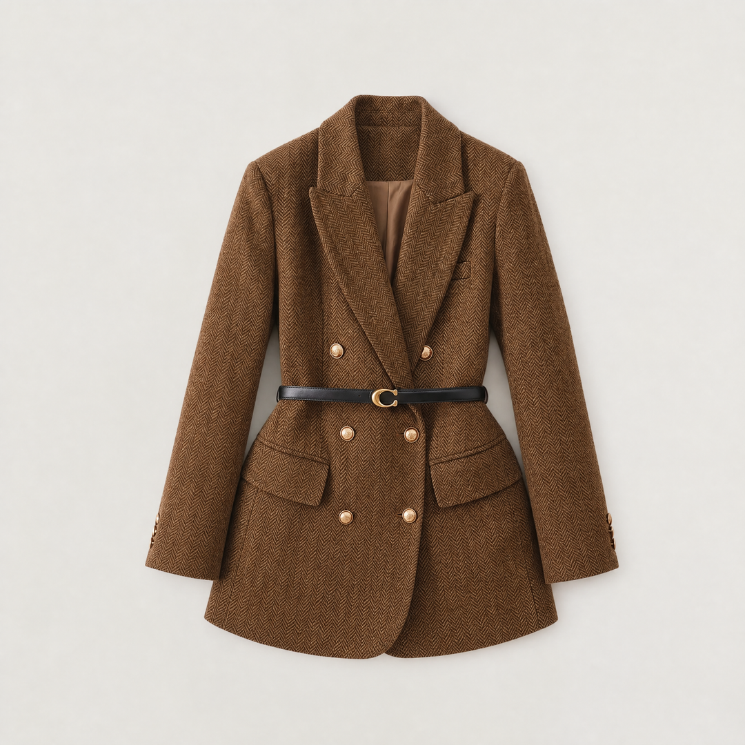 Women's Classic Tweed Belted Double-Breasted Blazer