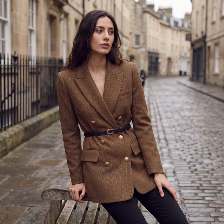 Women's Classic Tweed Belted Double-Breasted Blazer