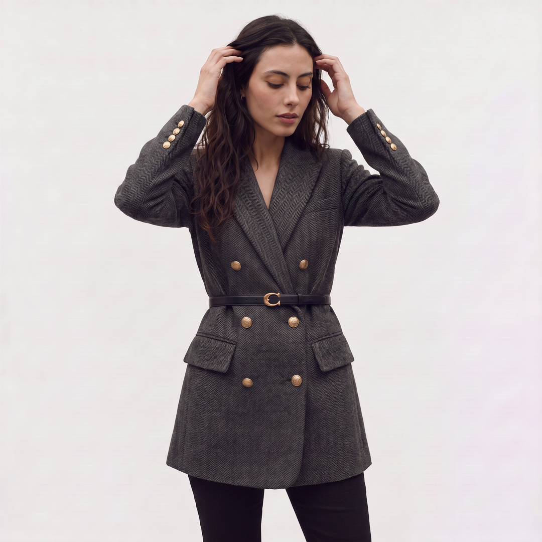 Women's Classic Tweed Belted Double-Breasted Blazer