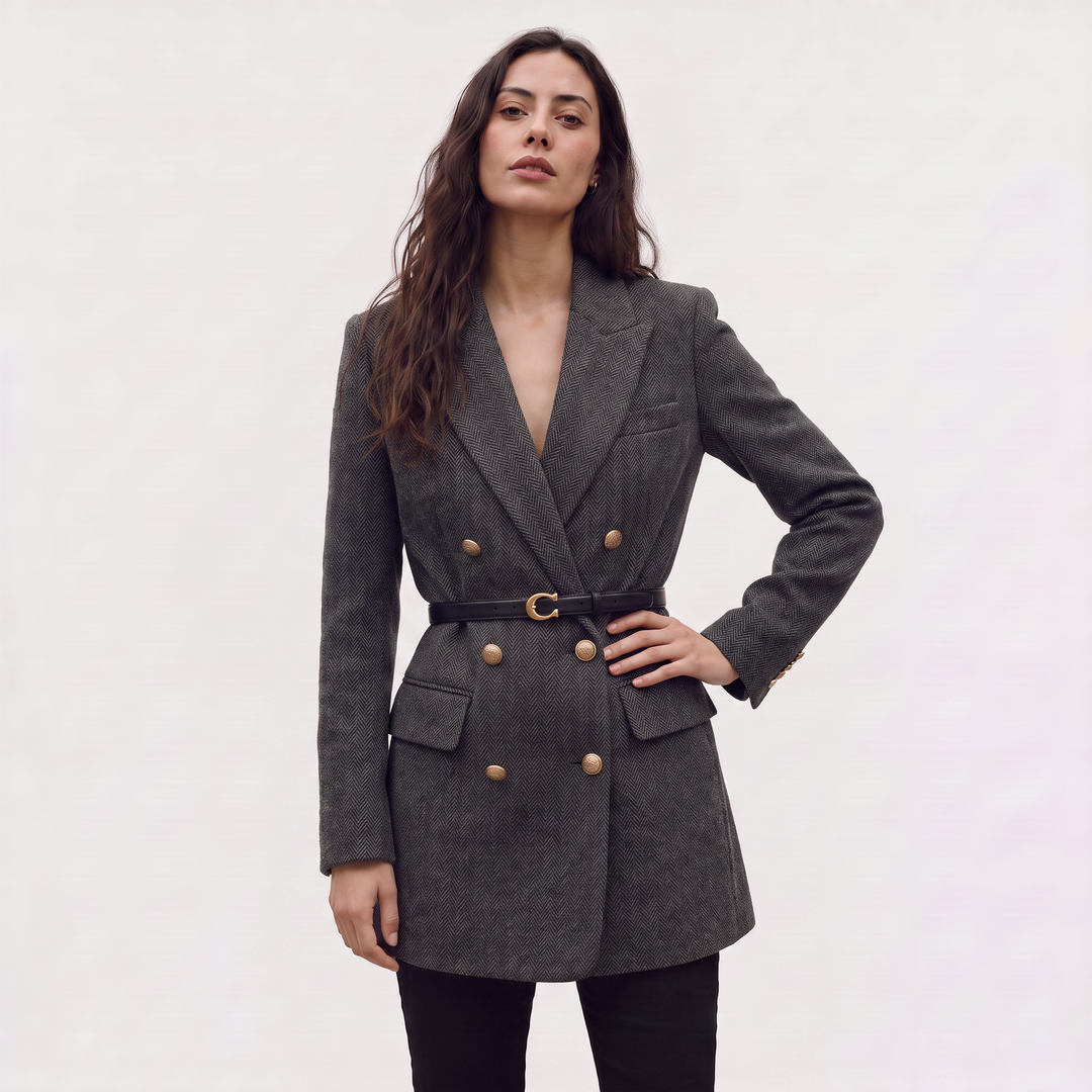 Women's Classic Tweed Belted Double-Breasted Blazer