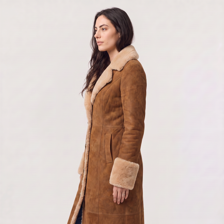 Women's Classic Faux Suede Shearling Trim Coat