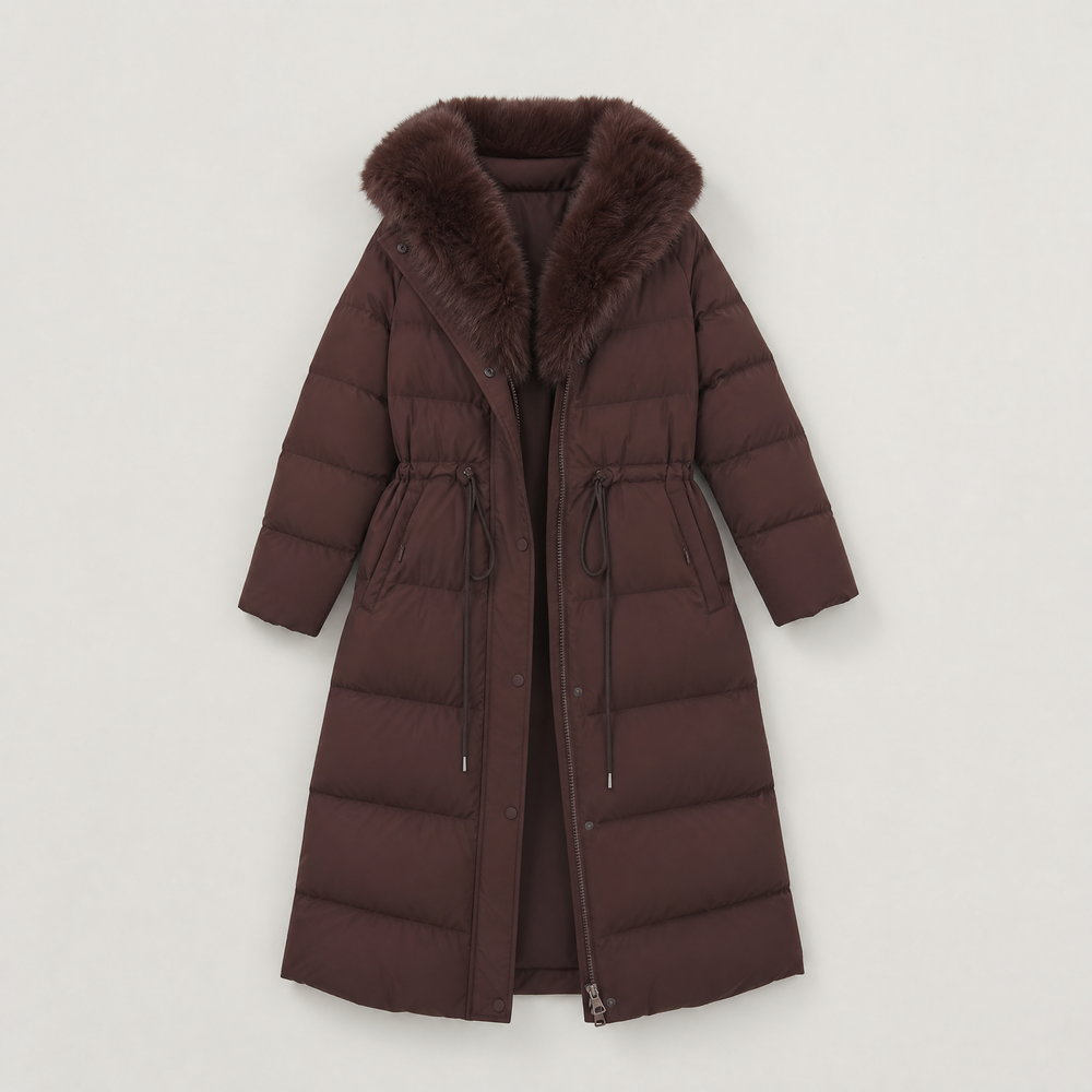 Women's Classic Long Puffer Coat with Faux Fur Hood Brown