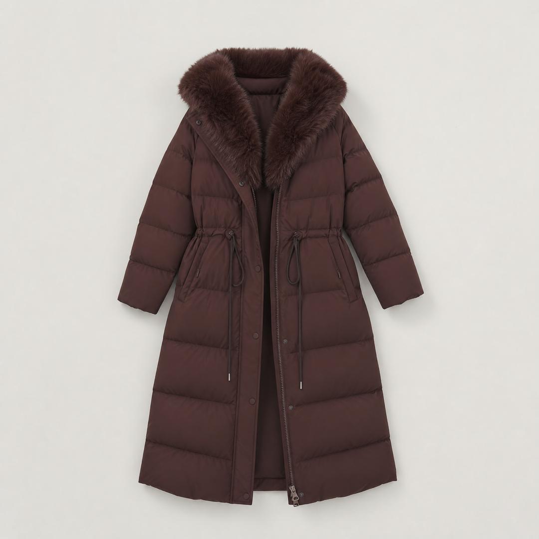 Women's Classic Long Puffer Coat with Faux Fur Hood Brown