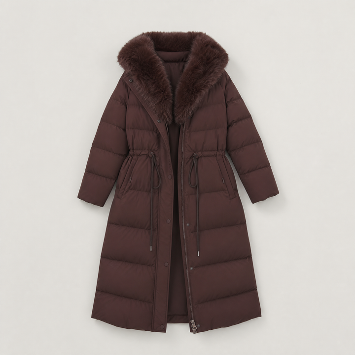 Women's Classic Long Puffer Coat with Faux Fur Hood Brown