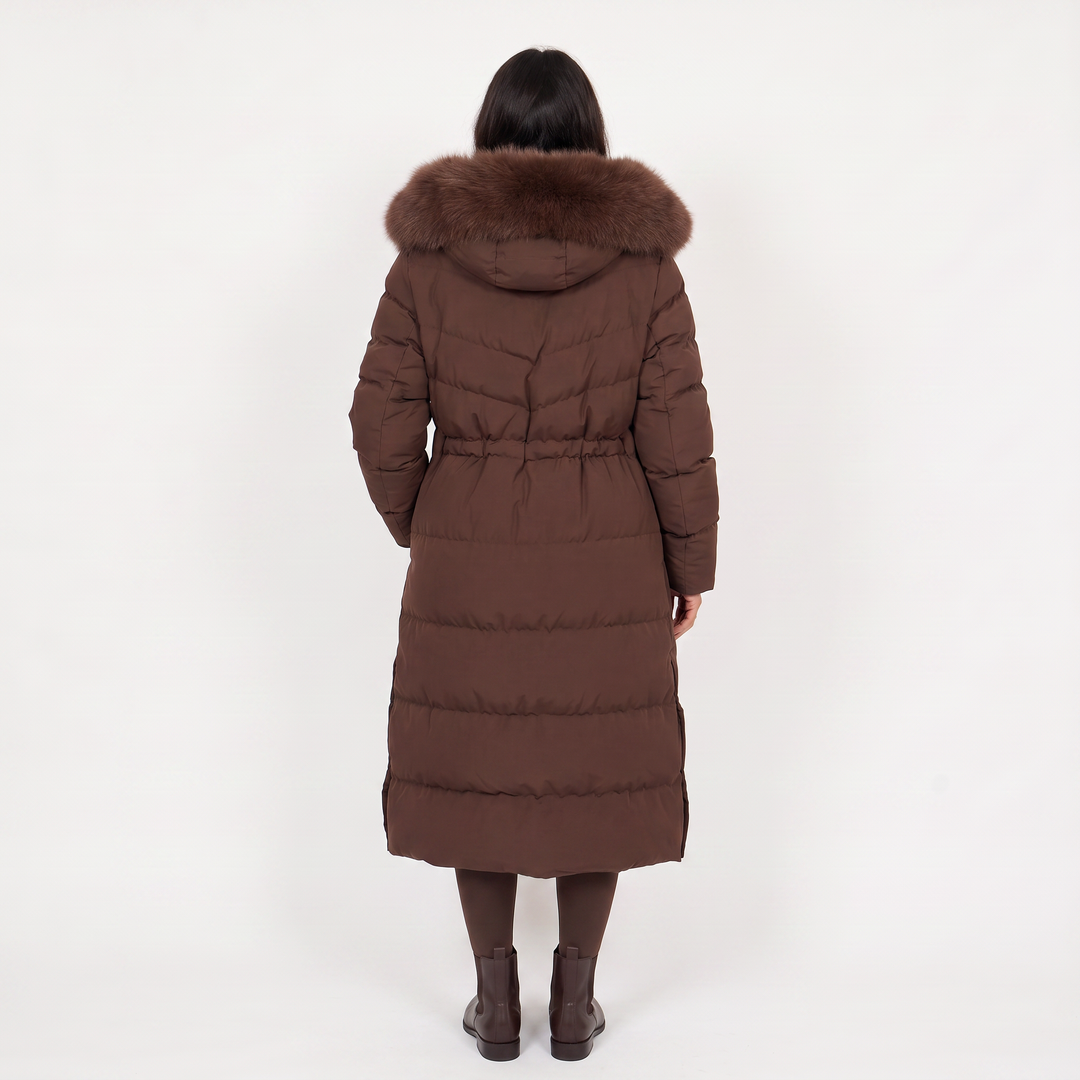 Women's Classic Long Puffer Coat with Faux Fur Hood Brown