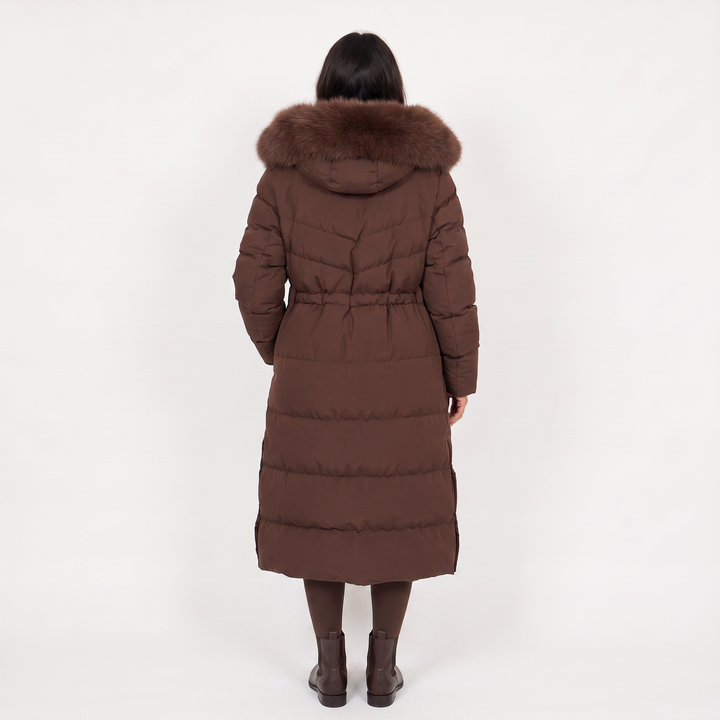 Women's Classic Long Puffer Coat with Faux Fur Hood Brown