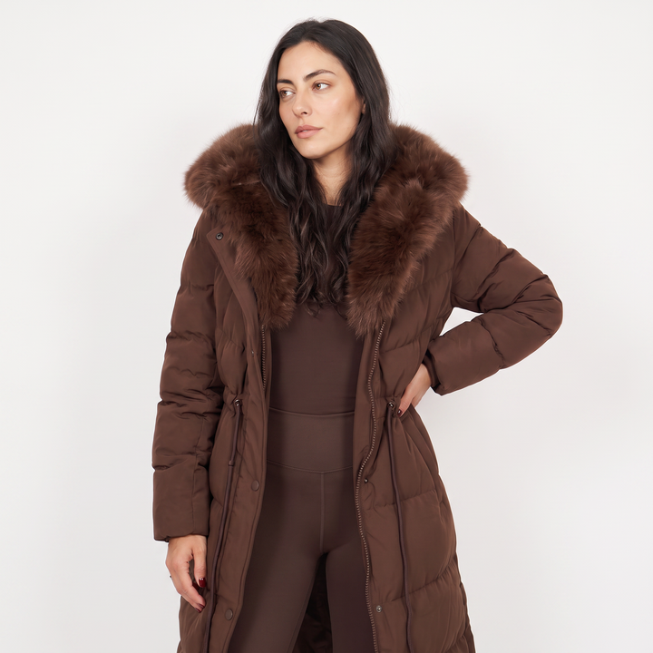 Women's Classic Long Puffer Coat with Faux Fur Hood Brown