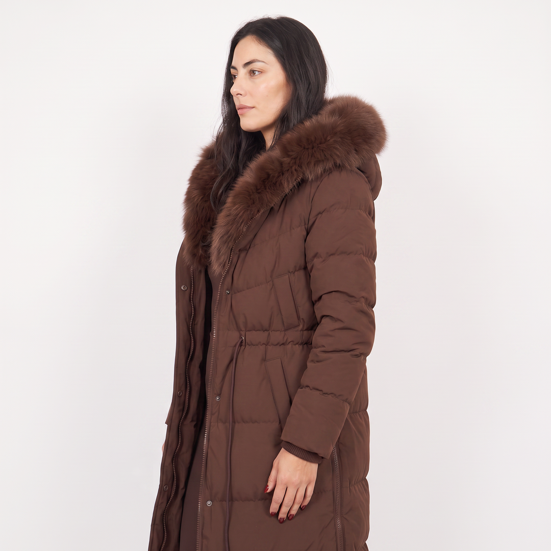 Women's Classic Long Puffer Coat with Faux Fur Hood Brown