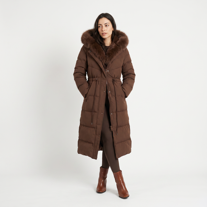 Women's Classic Long Puffer Coat with Faux Fur Hood Brown