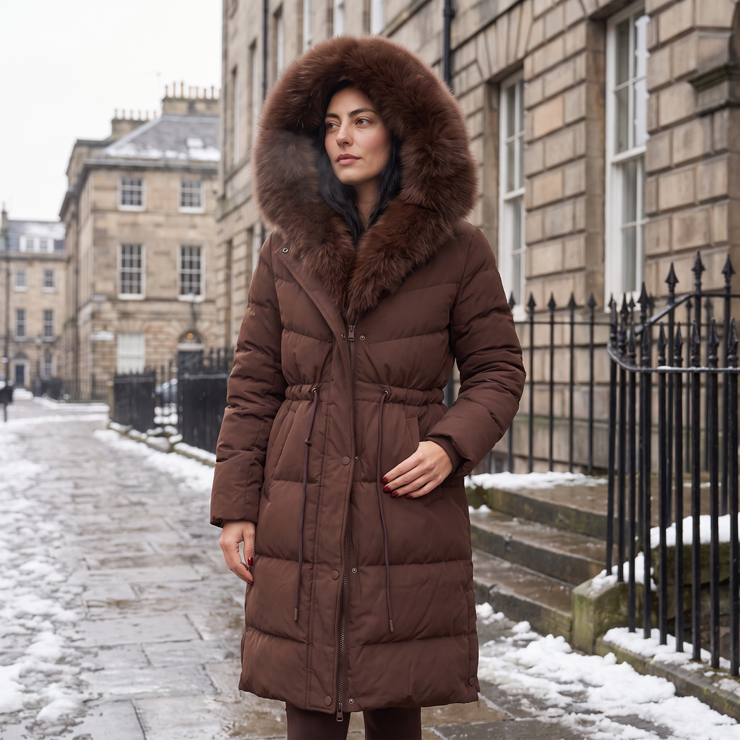 Women's Classic Long Puffer Coat with Faux Fur Hood Brown