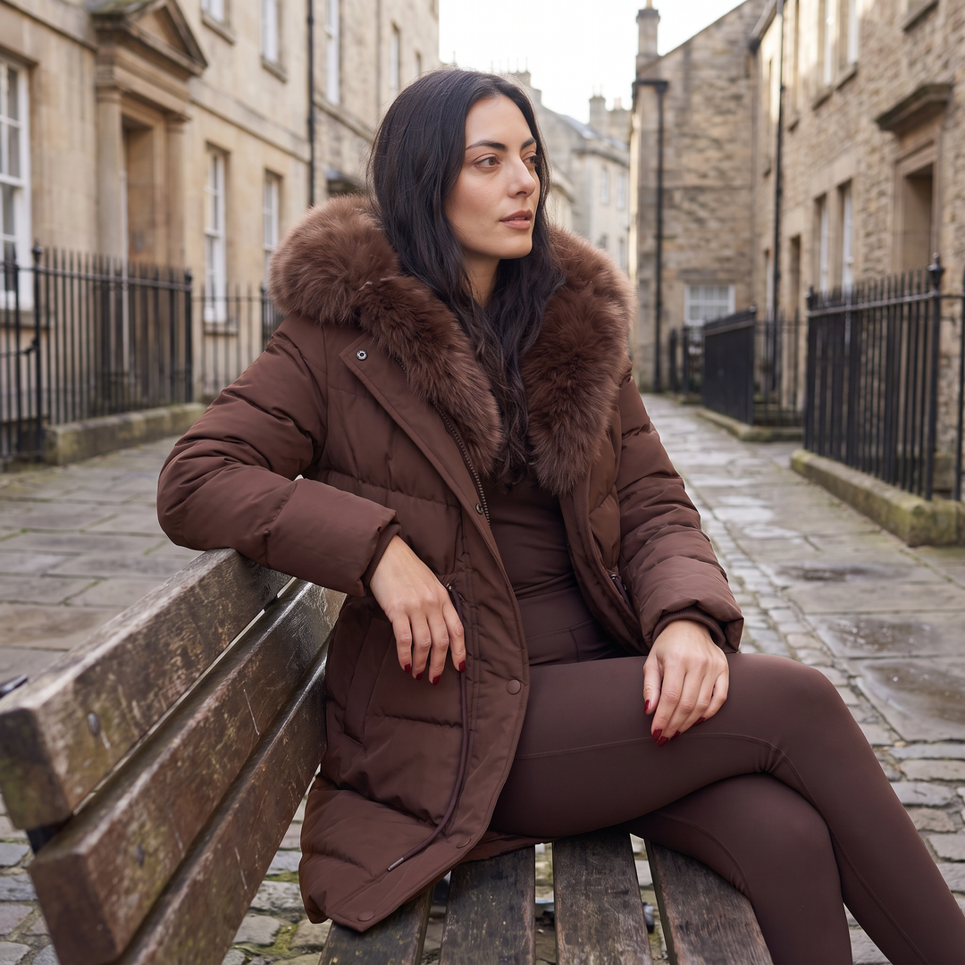 Women's Classic Long Puffer Coat with Faux Fur Hood Brown