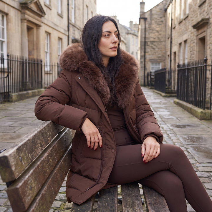 Women's Classic Long Puffer Coat with Faux Fur Hood Brown