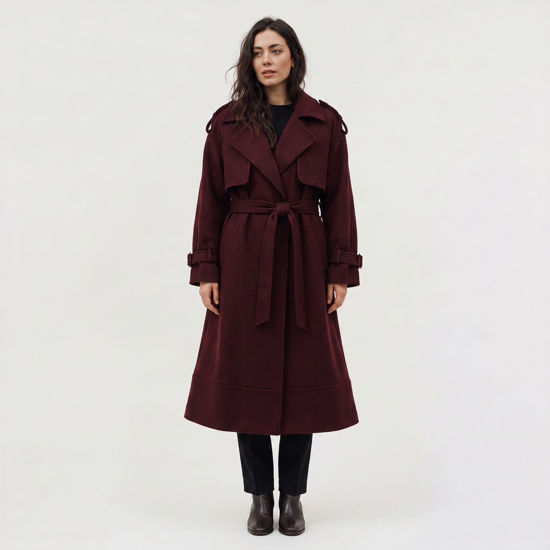 Women's Classic Wool Blend Long Belted Coat in Burgundy