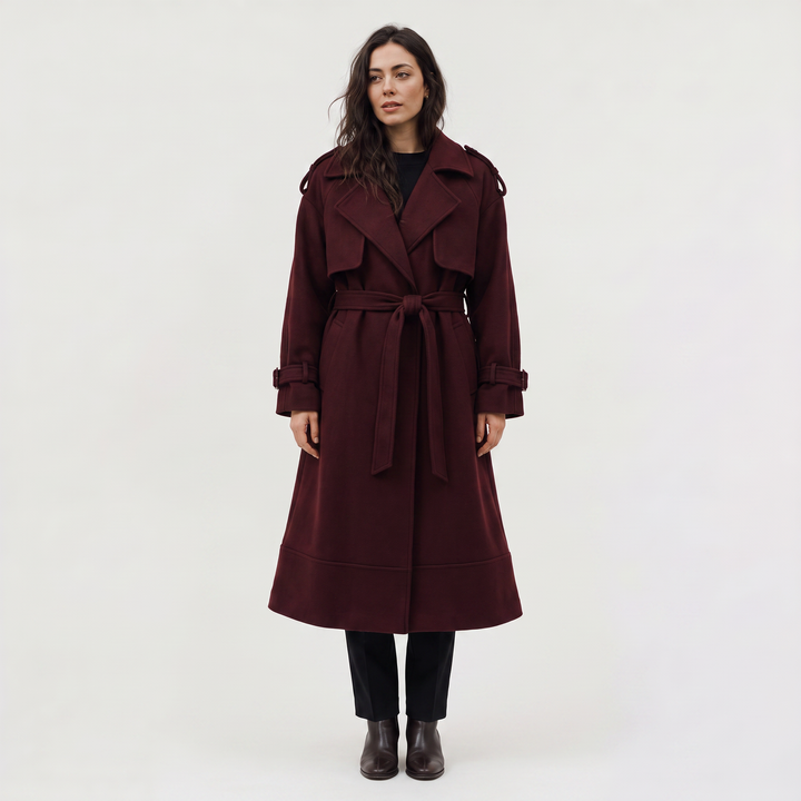 Women's Classic Wool Blend Long Belted Coat in Burgundy