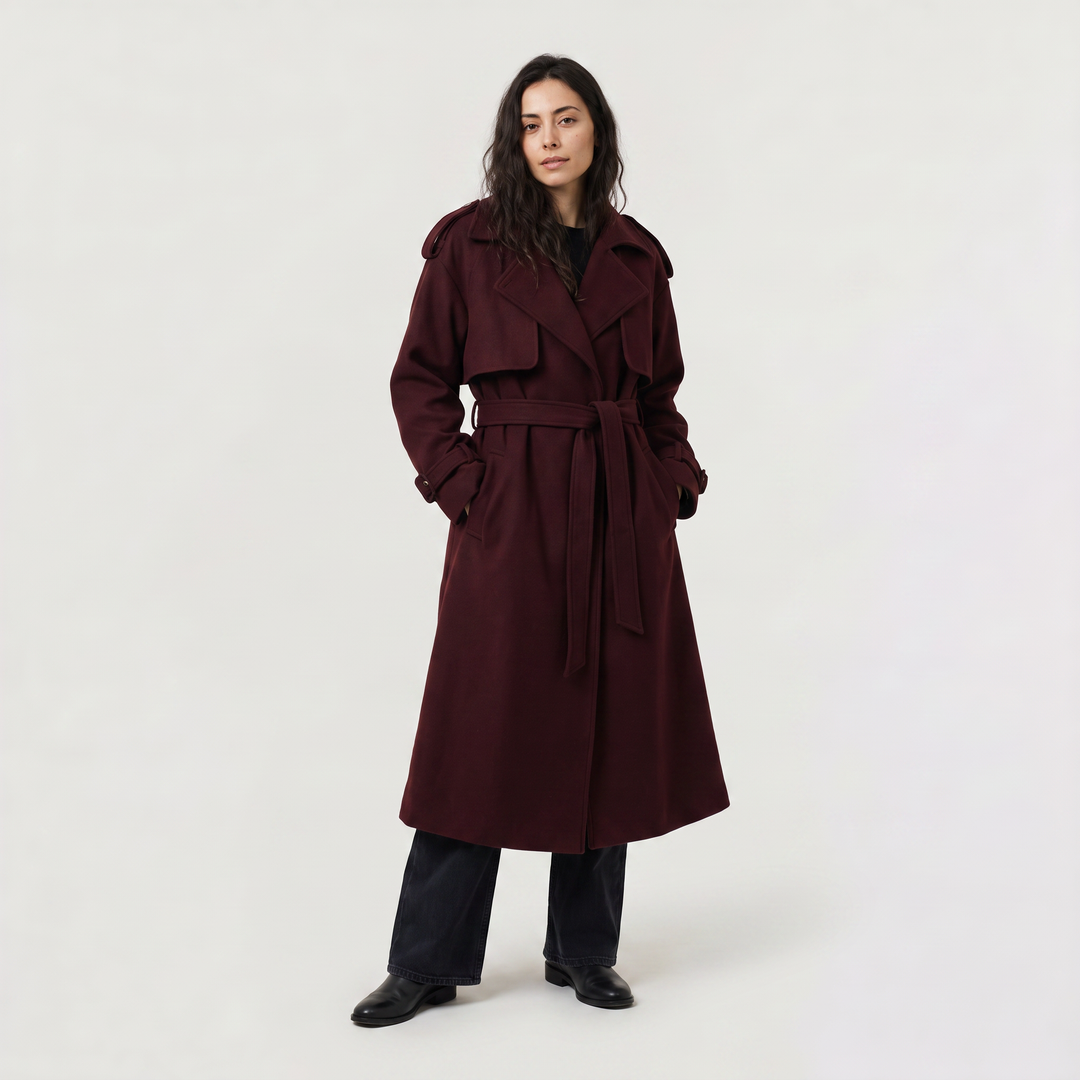 Women's Classic Wool Blend Long Belted Coat in Burgundy