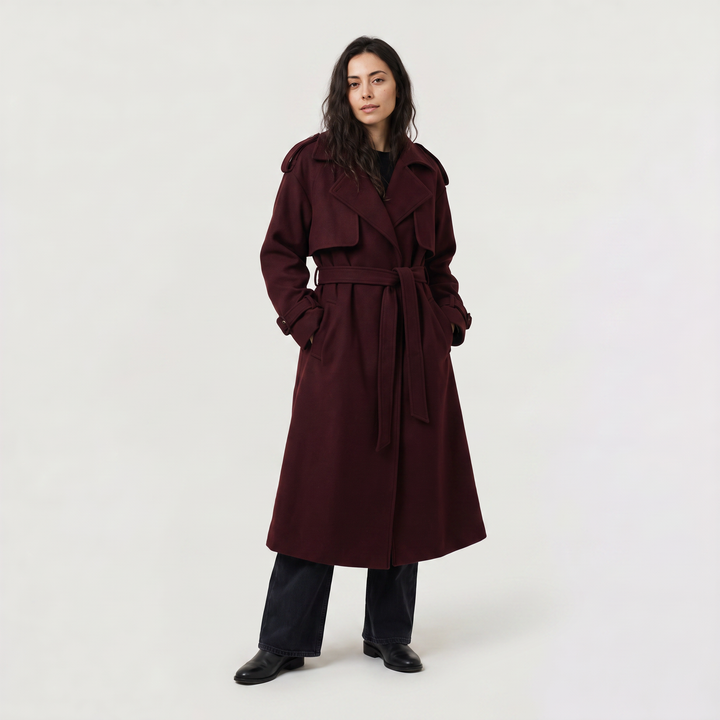 Women's Classic Wool Blend Long Belted Coat in Burgundy