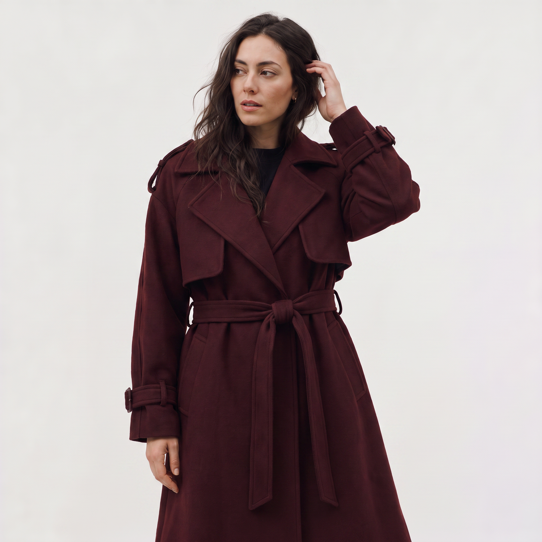Women's Classic Wool Blend Long Belted Coat in Burgundy