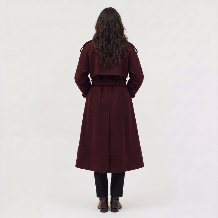 Women's Classic Wool Blend Long Belted Coat in Burgundy