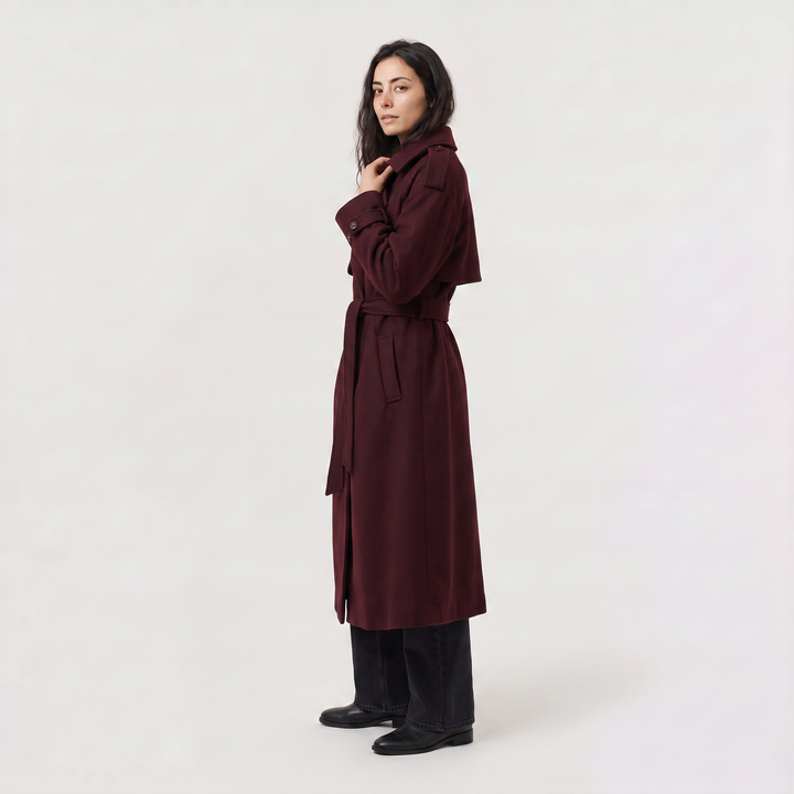 Women's Classic Wool Blend Long Belted Coat in Burgundy