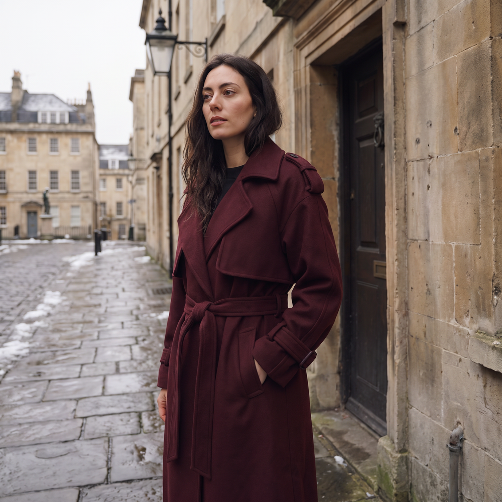 Women's Classic Wool Blend Long Belted Coat in Burgundy