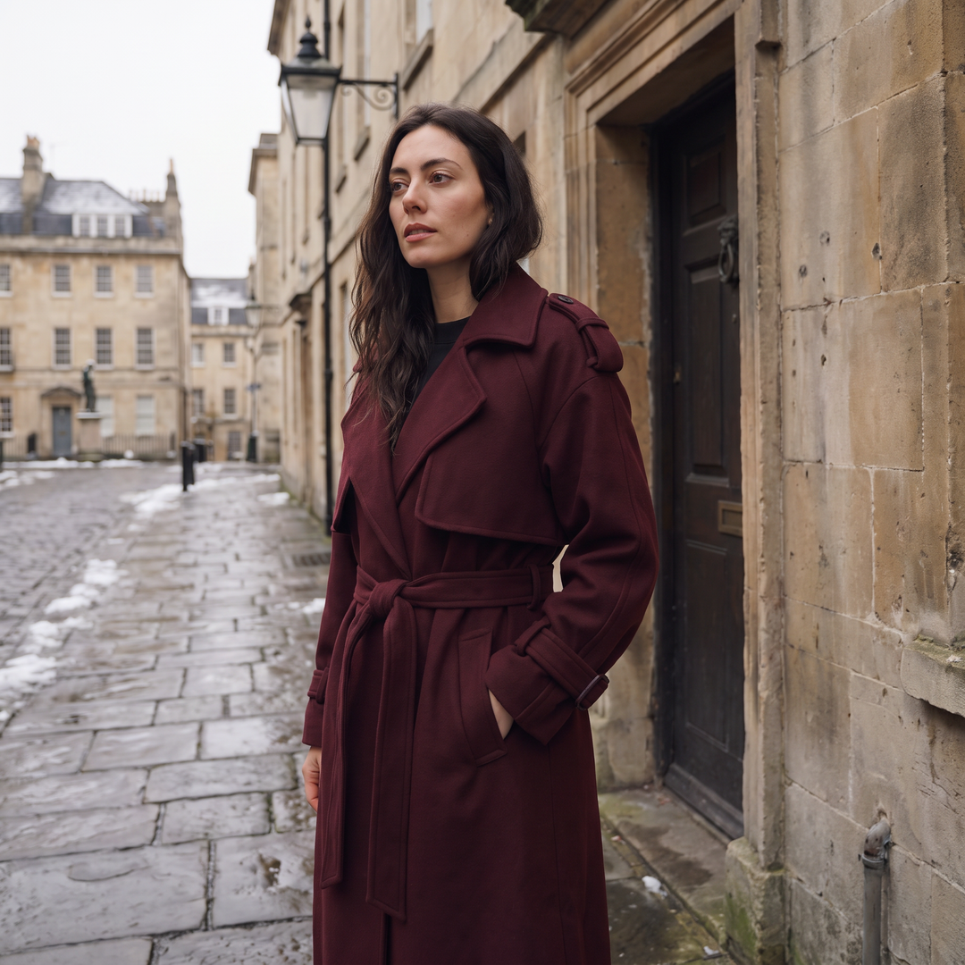 Women's Classic Wool Blend Long Belted Coat in Burgundy