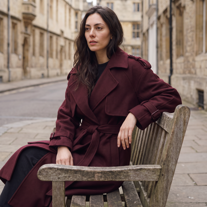 Women's Classic Wool Blend Long Belted Coat in Burgundy