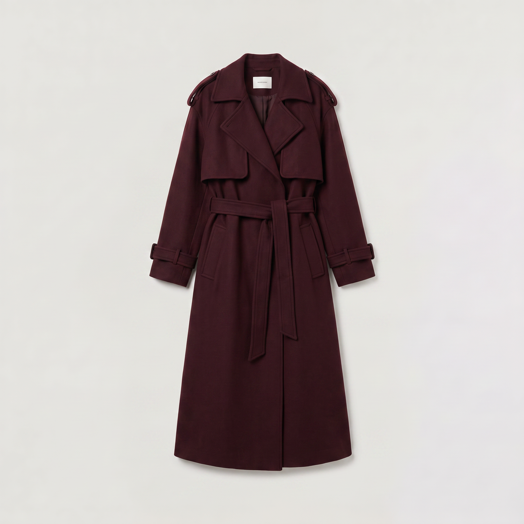 Women's Classic Wool Blend Long Belted Coat in Burgundy