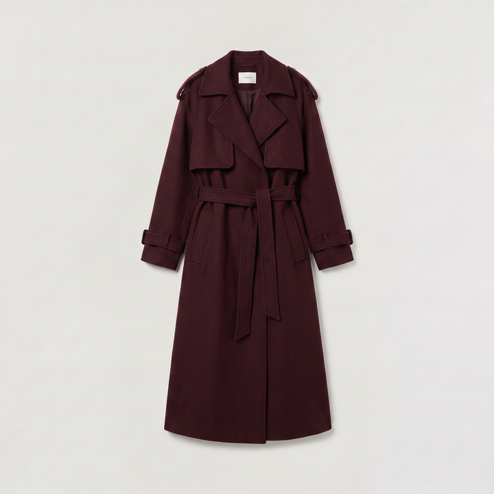 Women's Classic Wool Blend Long Belted Coat in Burgundy