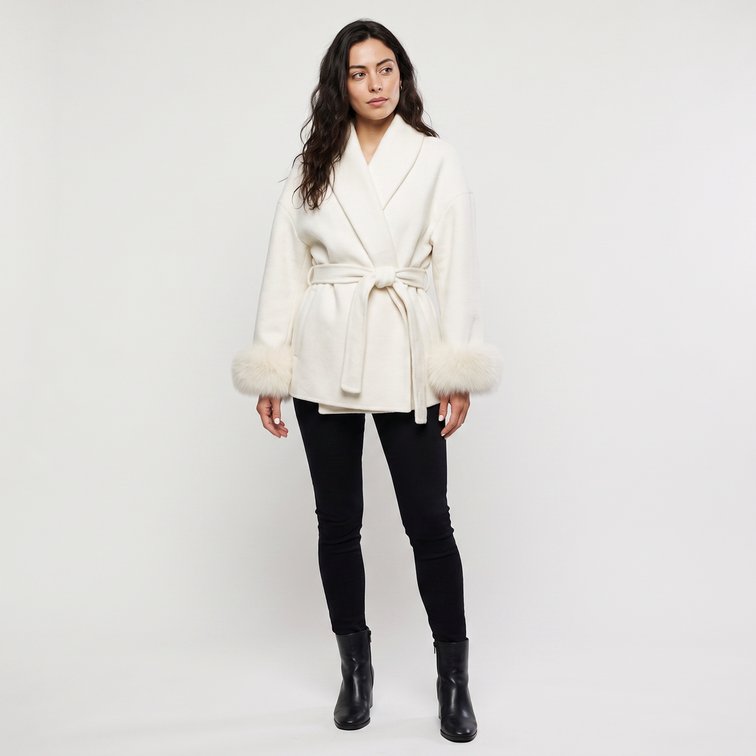 Women's Classic Wool Blend Coat with Faux Fur Cuffs