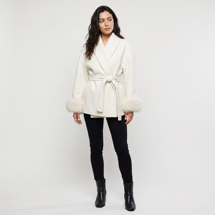 Women's Classic Wool Blend Coat with Faux Fur Cuffs