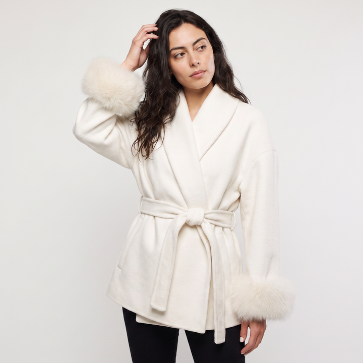 Women's Classic Wool Blend Coat with Faux Fur Cuffs