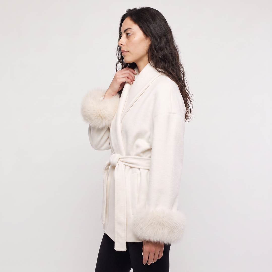 Women's Classic Wool Blend Coat with Faux Fur Cuffs