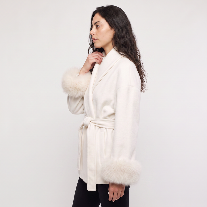 Women's Classic Wool Blend Coat with Faux Fur Cuffs