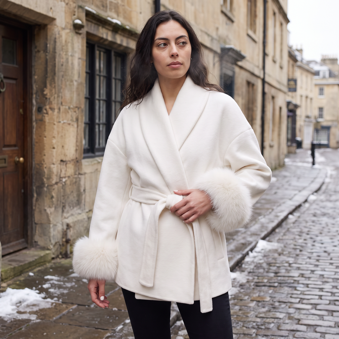 Women's Classic Wool Blend Coat with Faux Fur Cuffs