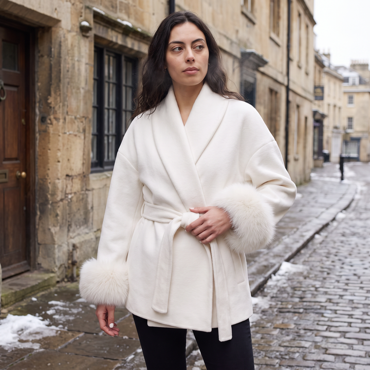 Women's Classic Wool Blend Coat with Faux Fur Cuffs